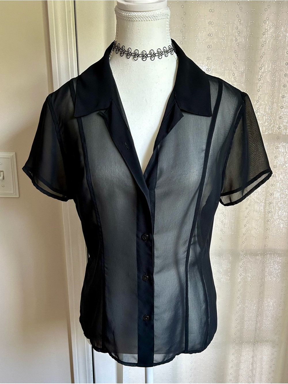 Vintage Express Black Sheer Button-Front Women's Top